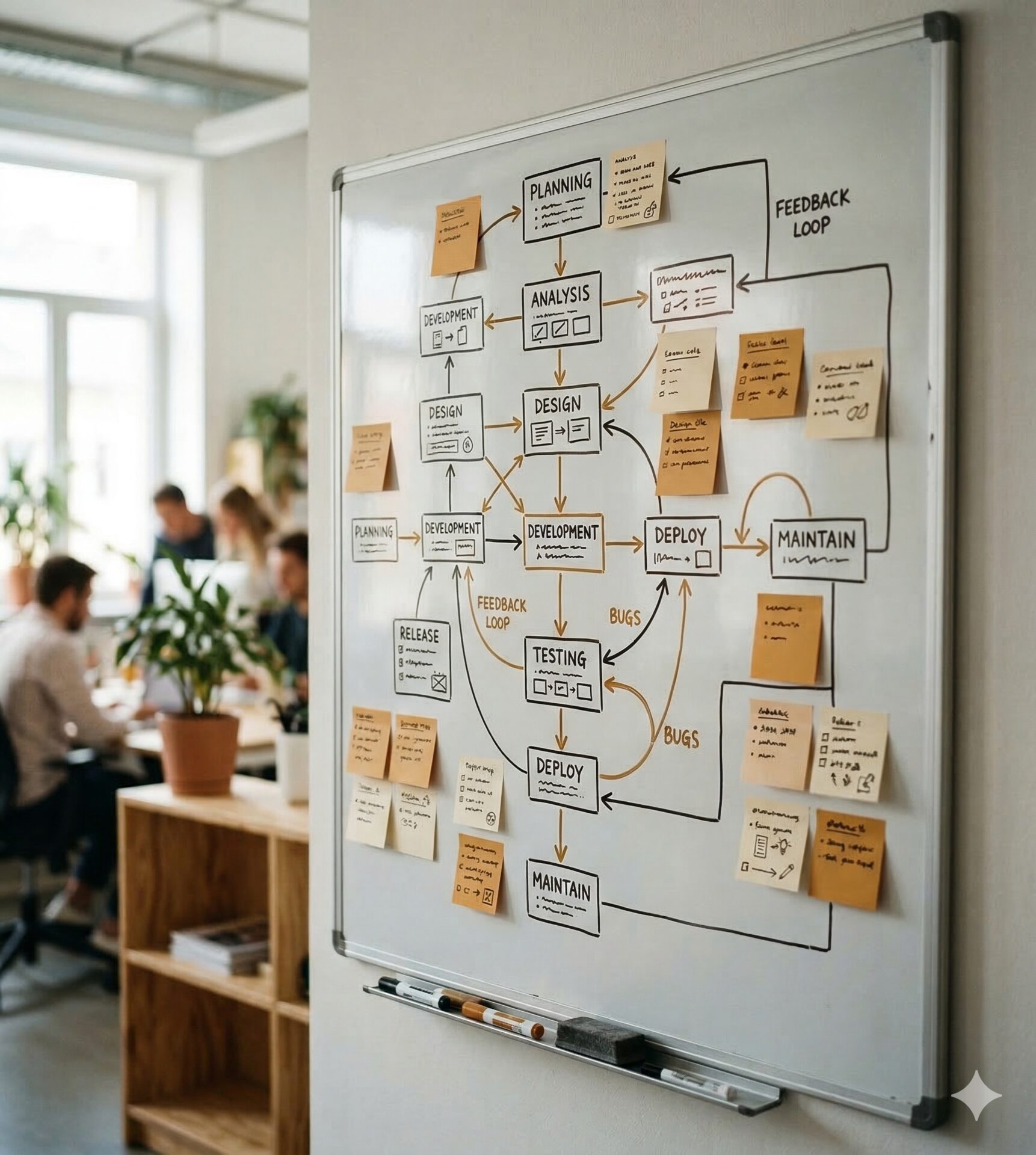 Software development lifecycle flowchart on whiteboard